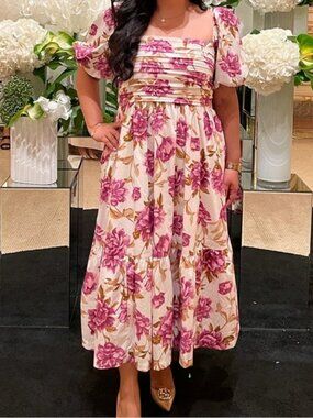 Abercrombie & Fitch Emerson Floral Puff-Sleeve Midi Dress in White and Purple